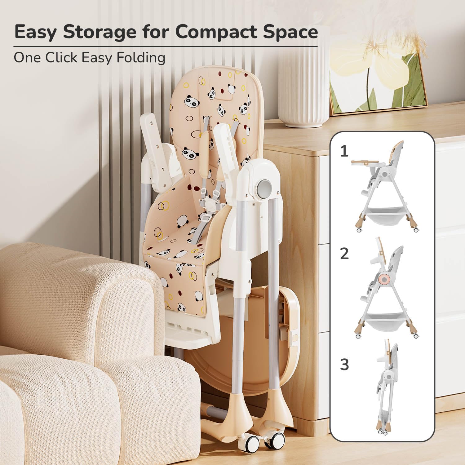 White and grey Marshmallow Lite baby high chair with 6 adjustable height levels, comfortable and secure for infant feeding, featuring a playful bear motif. www.usmile.toys